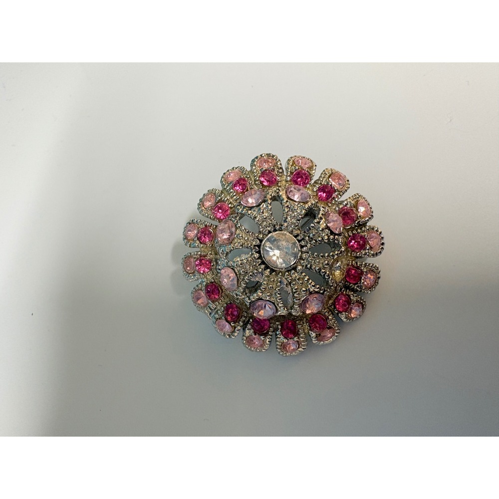 Vintage Pink Rhinestone Sunburst Brooch Silver Tone Floral Crystal Pin